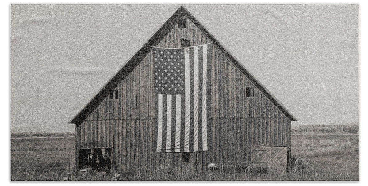 Farm Beach Towel featuring the photograph American Flag and Barn Sepia by Connie Carr