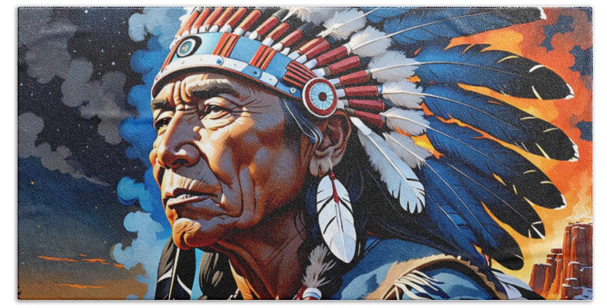 Western Art Beach Towel featuring the digital art American Indian Chief 2 by Greg Joens