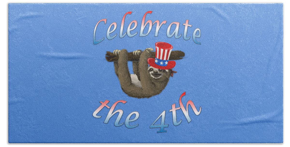 American Sloth Beach Towel featuring the digital art American Sloth Celebrate the 4th by Ali Baucom