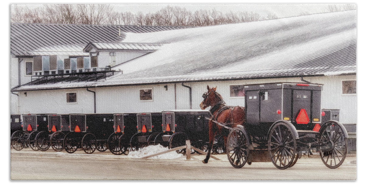 Buggies Beach Towel featuring the photograph Amish Buggy Parking by Susan Rissi Tregoning