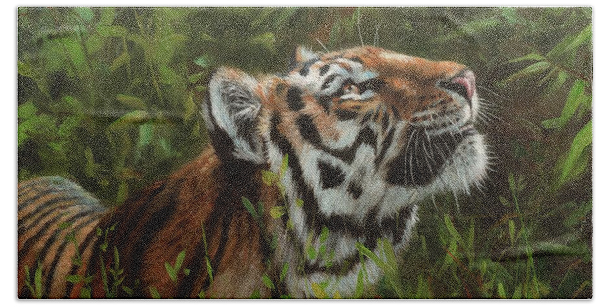 Tiger Beach Towel featuring the painting Amur Tiger 111 by David Stribbling