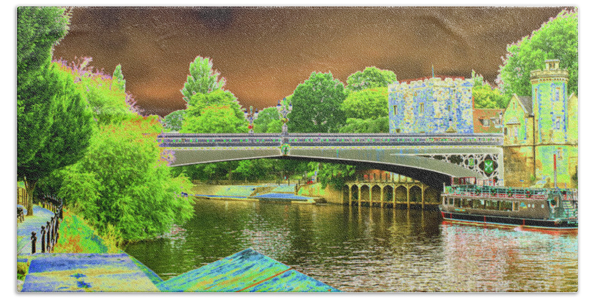Digital Art Beach Towel featuring the photograph An edited picture of a pleasure boat moored on the River Ouse York UK by Pics By Tony