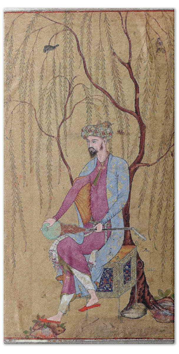 An Elegant Man Seated Under A Willow Tree Aqa Riza (persian Beach Towel featuring the painting An Elegant Man Seated under a Willow Tree Aqa Riza by Artistic Rifki