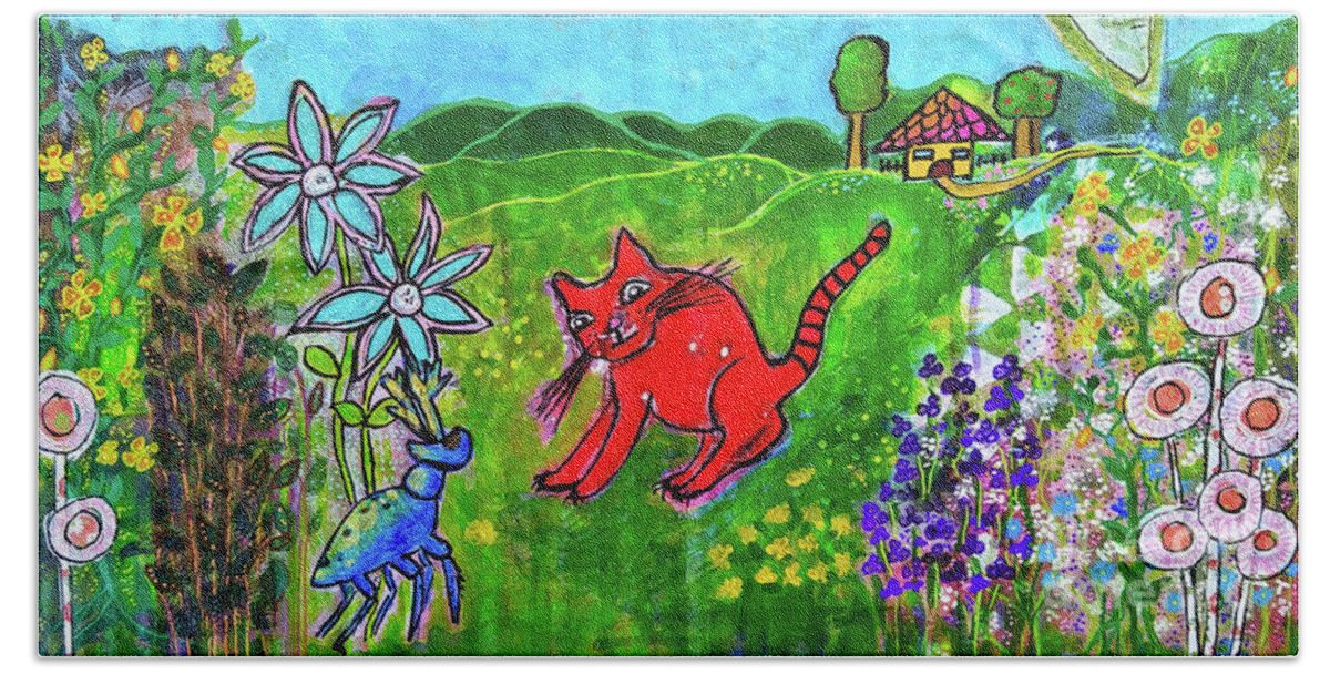 Cat Beach Towel featuring the mixed media And Who Are You - Und Wer Bist Du by Mimulux Patricia No