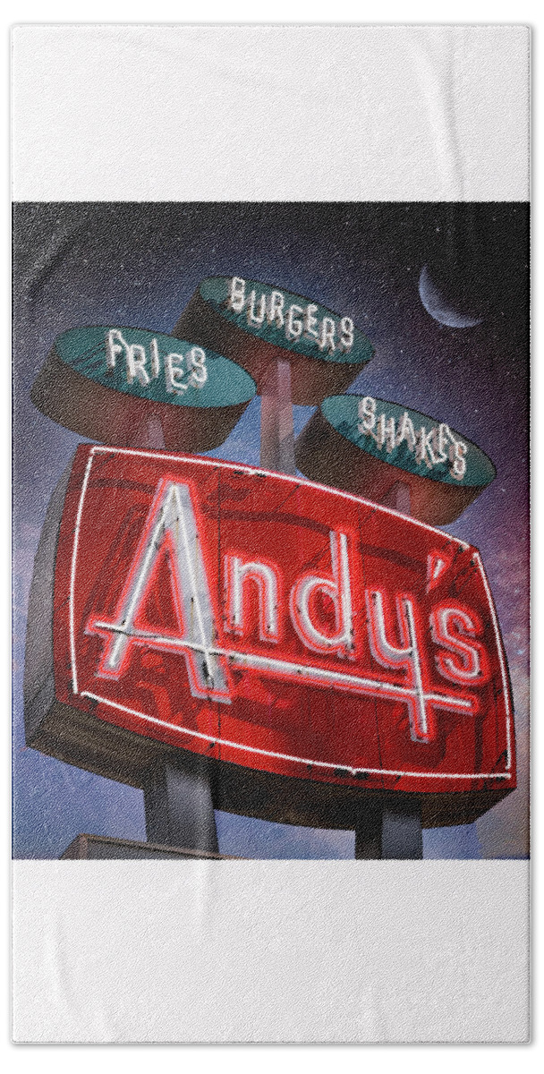 Andy's Beach Towel featuring the photograph Andy's Igloo Drive In at night by ARTtography by David Bruce Kawchak