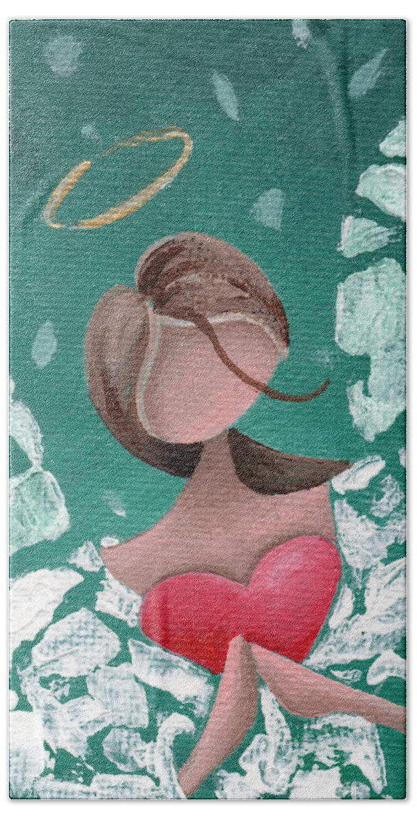 Angel Beach Towel featuring the painting Angel Hearted - Teal Square by Annie Troe