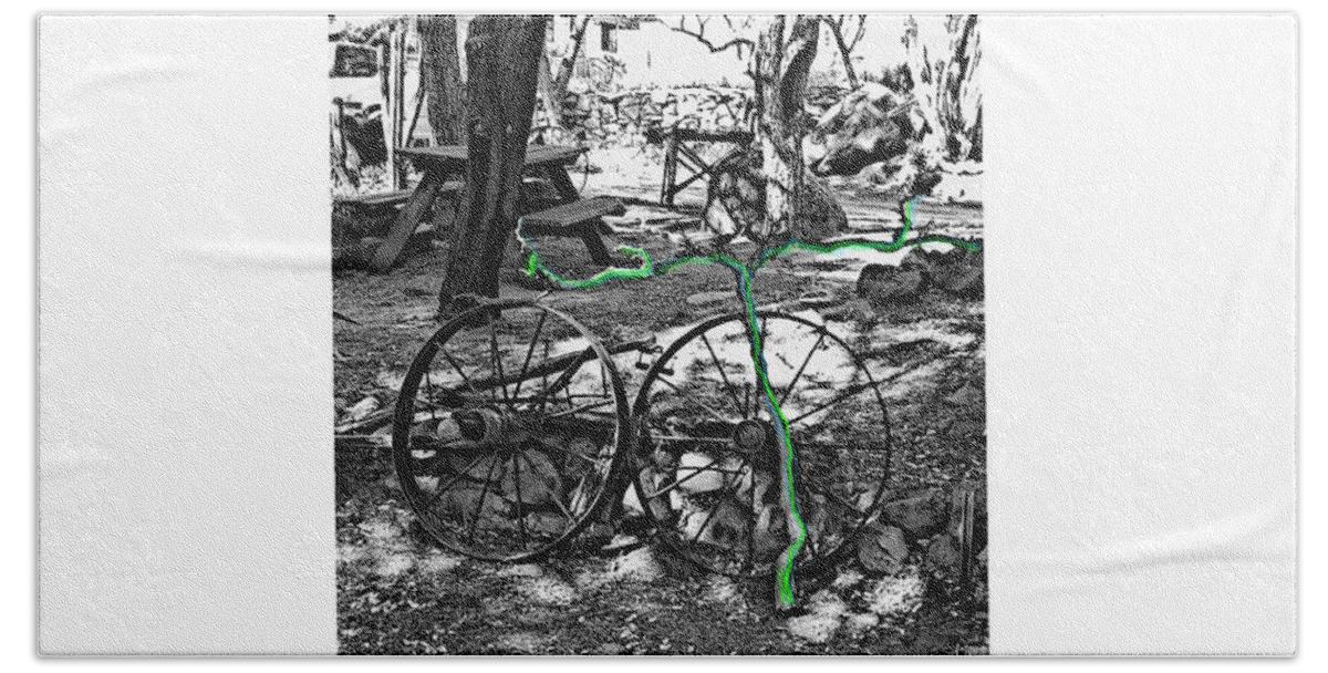 Selective Color Green B&w Bicycle Trees Table Wood House Beach Towel featuring the digital art Antique bicycle with green handlebars by Kathleen Boyles