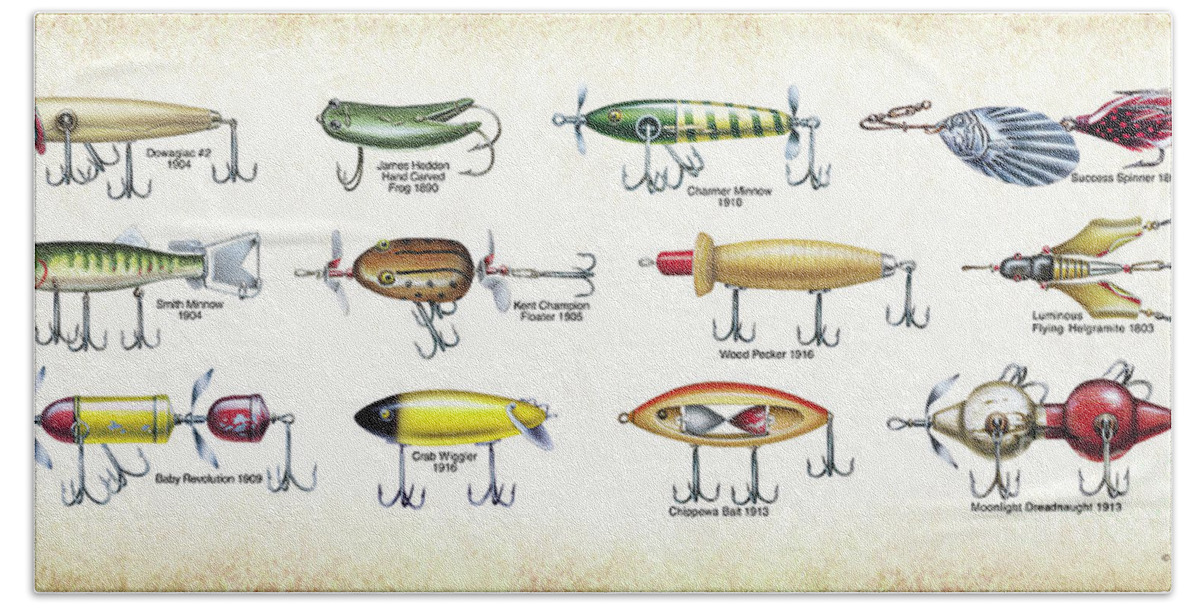 Jon Q Wright Beach Sheet featuring the painting Antique Lures by Jon Q Wright