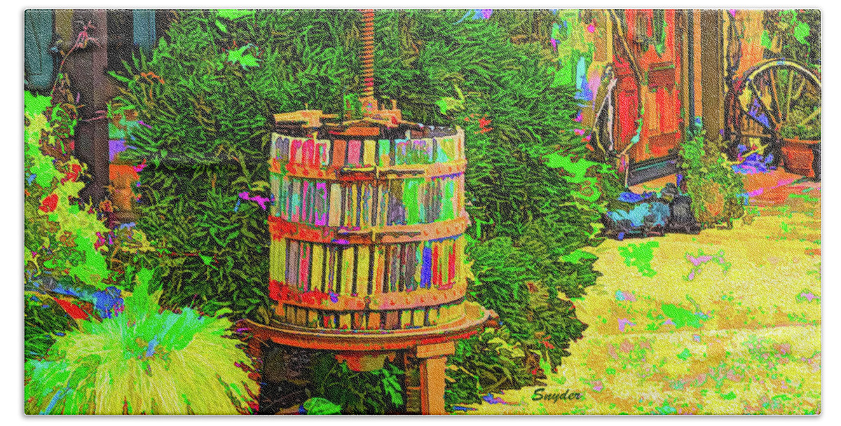 Barbara Snyder Beach Towel featuring the photograph Antique Wine Press Colorful by Floyd Snyder