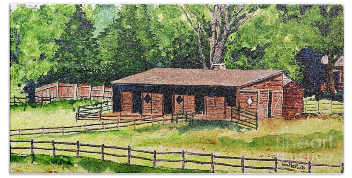 Applewood Estates Beach Towel featuring the painting Applewood Horse Barn by Tom Riggs