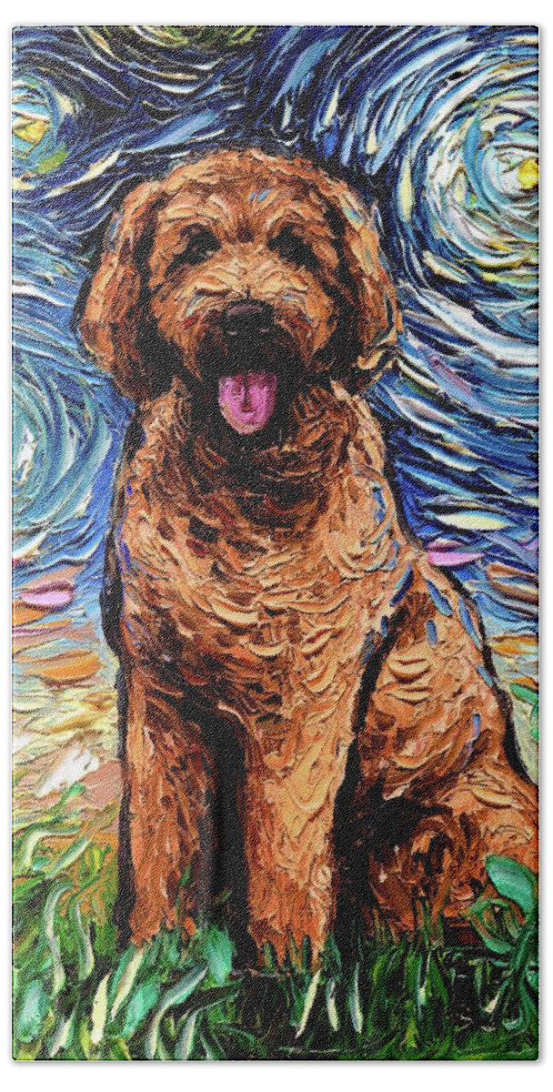 Apricot Beach Towel featuring the painting Apricot Goldendoodle by Aja Trier