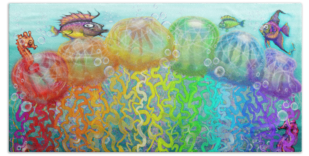 Aquatic Beach Towel featuring the digital art Aqua Jellyfish Rainbow Fantasy by Kevin Middleton