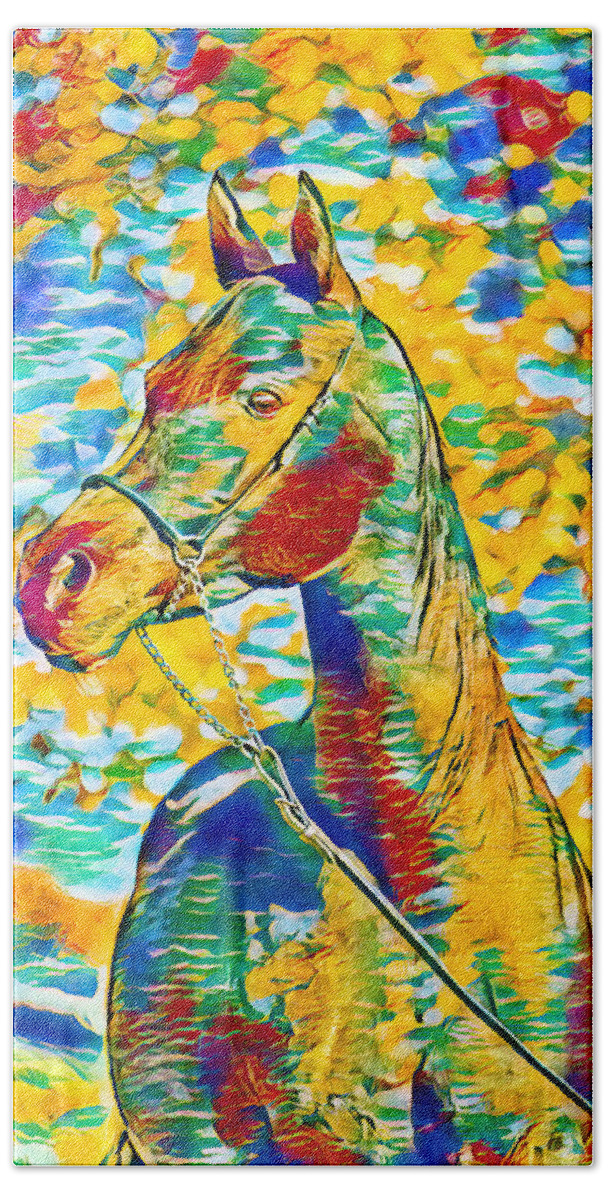 Arabian Horse Beach Towel featuring the digital art Arabian horse colorful portrait in blue, cyan, green, yellow and red by Nicko Prints