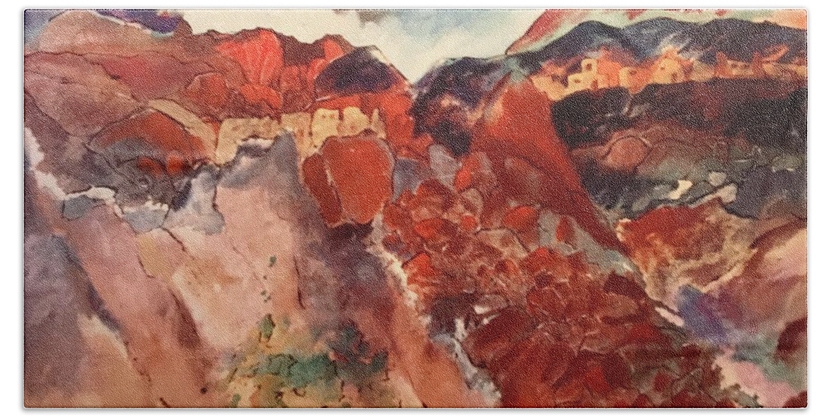 Southwest Landscape Beach Towel featuring the painting Arizona Cave Dwellings by Elaine Elliott