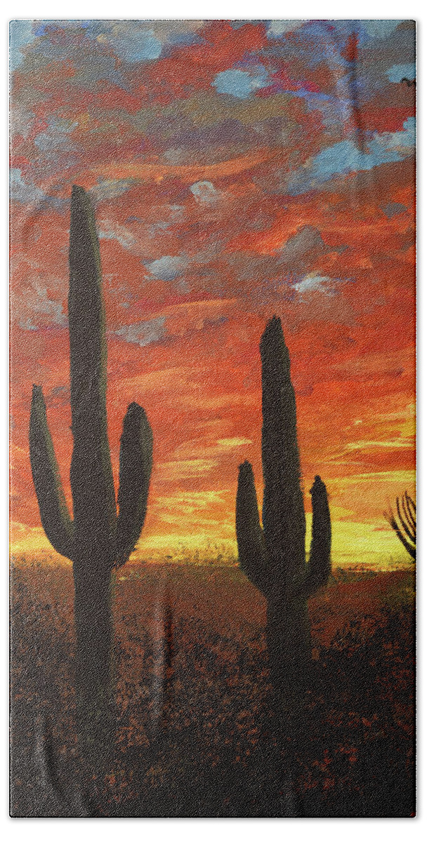 Arizona Beach Towel featuring the painting Arizona Sunset and Saguaro Cacti by Chance Kafka