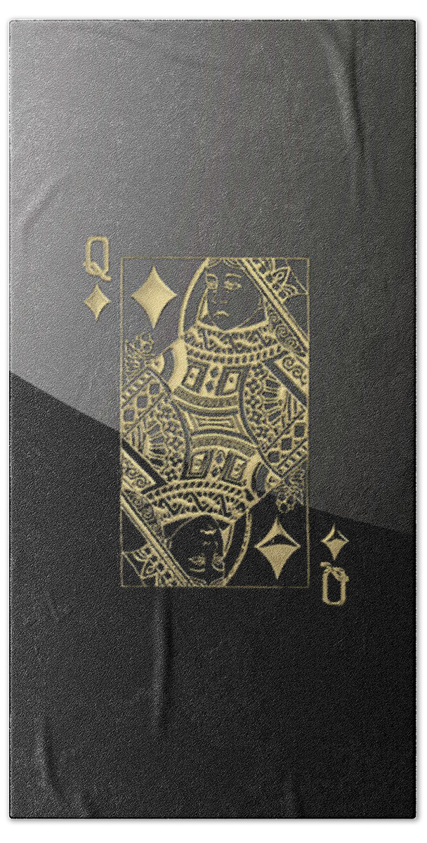 'gamble' Collection By Serge Averbukh Beach Towel featuring the digital art Queen of Diamonds in Gold on Black by Serge Averbukh