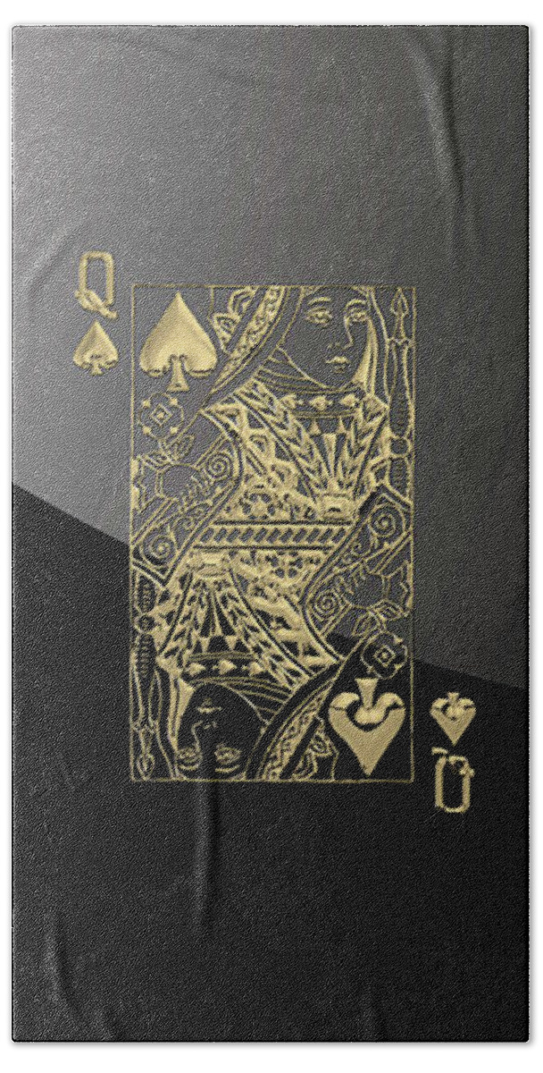'gamble' Collection By Serge Averbukh Beach Towel featuring the digital art Queen of Spades in Gold on Black  by Serge Averbukh