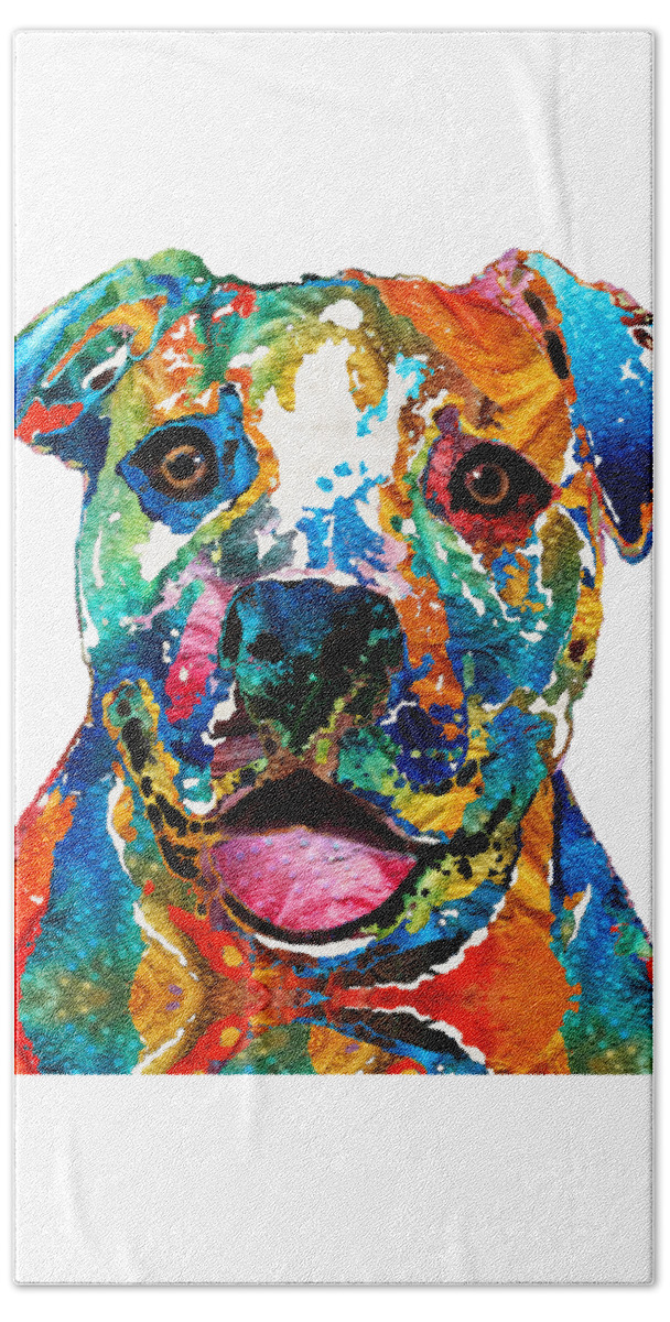 Dog Beach Towel featuring the painting Colorful Dog Pit Bull Art - Happy - By Sharon Cummings by Sharon Cummings