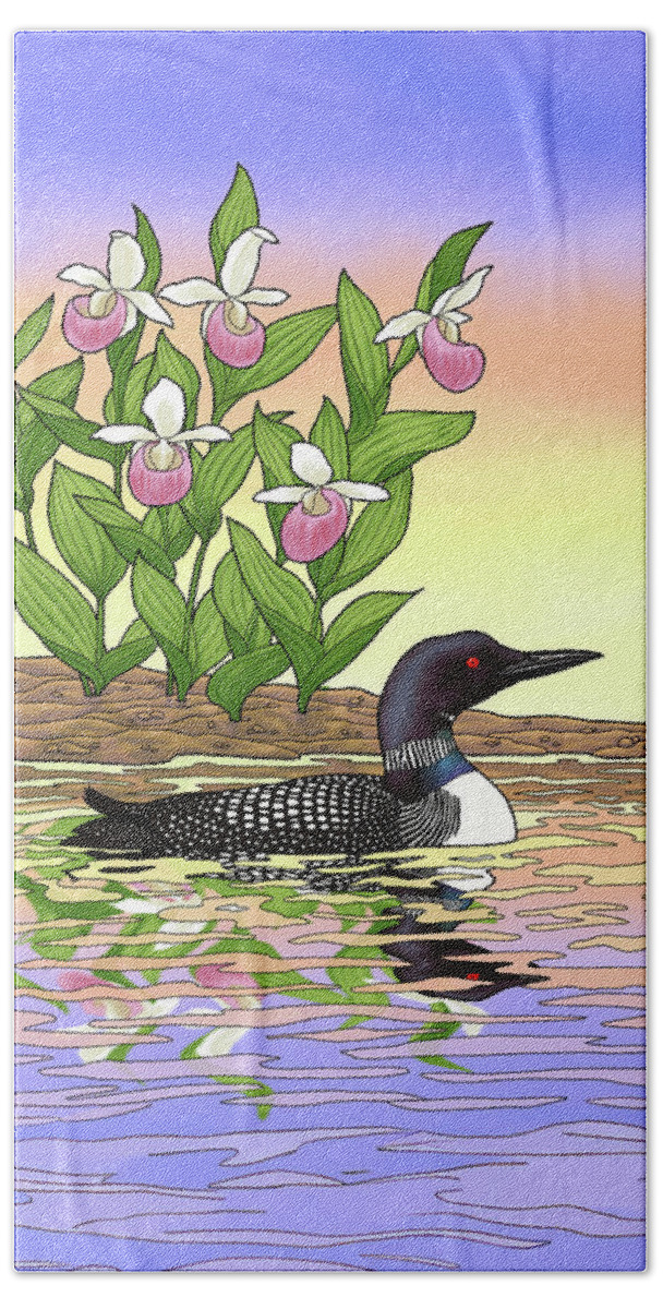 Bird Beach Towel featuring the painting Minnesota State Bird Loon and Flower Ladyslipper by Crista Forest