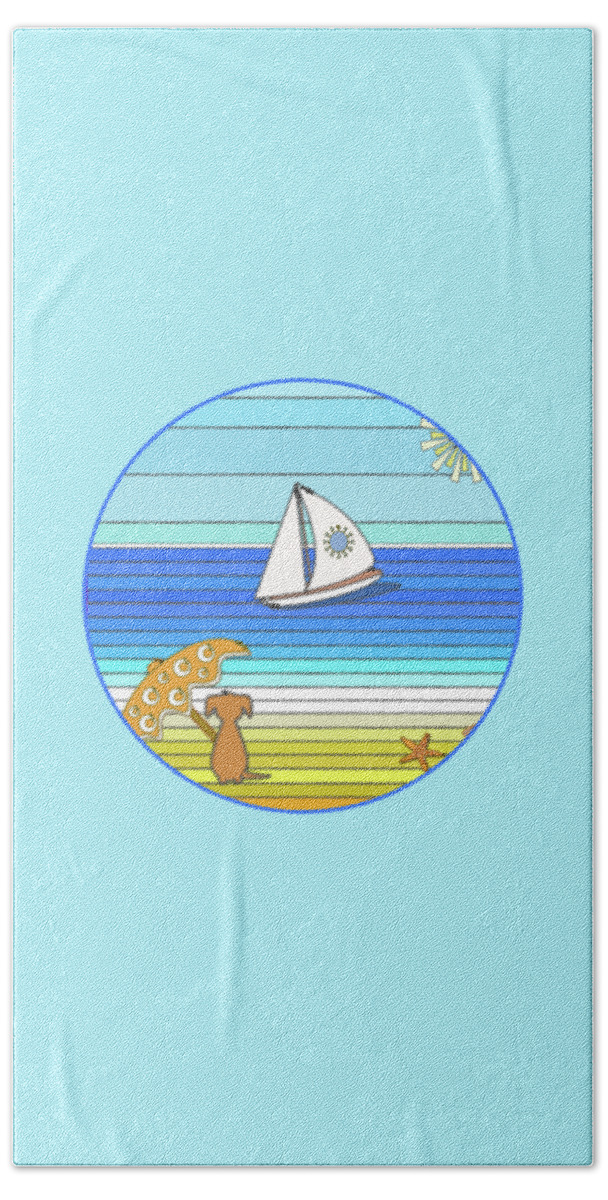 Dog Beach Towel featuring the digital art Dog on Beach - Parasol in Paradise by Barefoot Bodeez Art