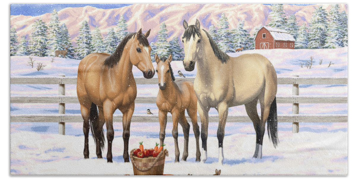 Horses Beach Towel featuring the painting Buckskin Quarter Horses In Snow by Crista Forest