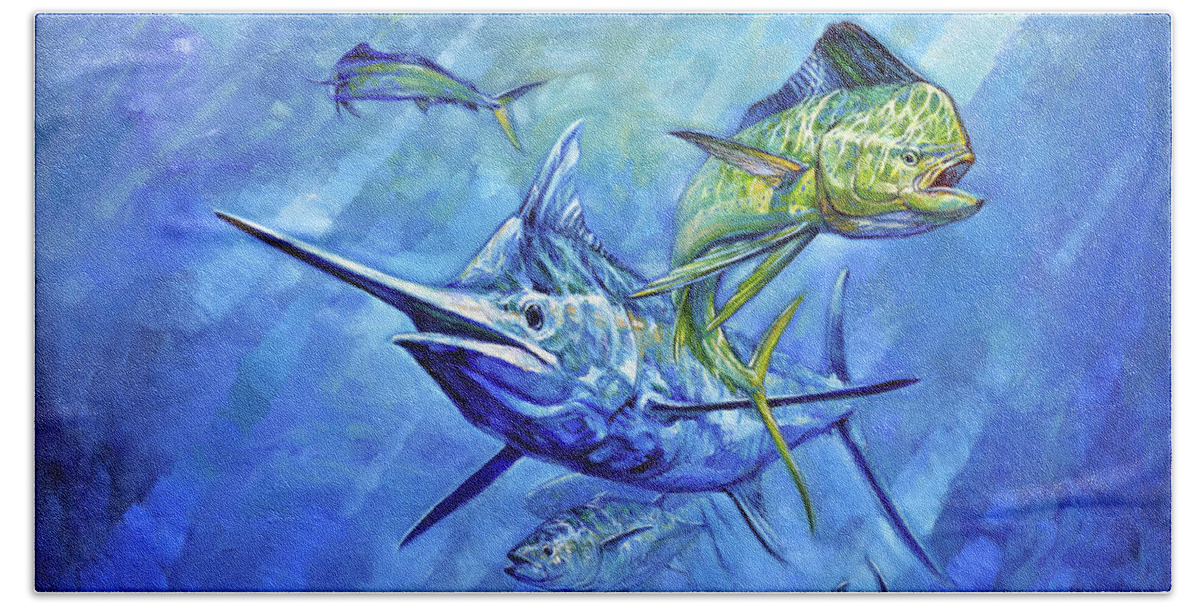 Blue Marlin Beach Towel featuring the painting Dorado, Marlin and Tuna by Tom Dauria