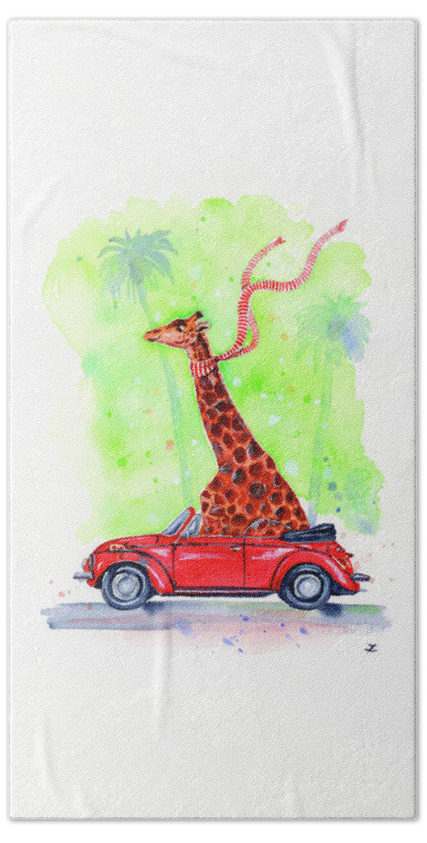 Funny Giraffe Beach Sheet featuring the painting Giraffe in a Beetle by Zaira Dzhaubaeva