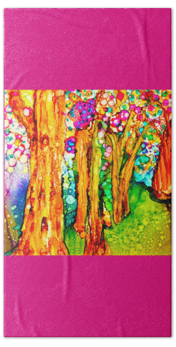 Forest Beach Towel featuring the painting Fantasy Forest Alcohol Ink Painting by Deborah League