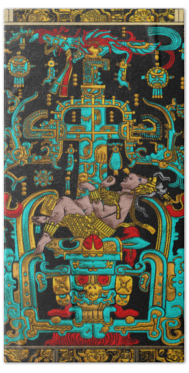 ‘treasures Of Pre-columbian America’ Collection By Serge Averbukh Beach Towel featuring the digital art Lid of The Great Tomb of Pakal - Palenque Astronaut over Black No.2 by Serge Averbukh