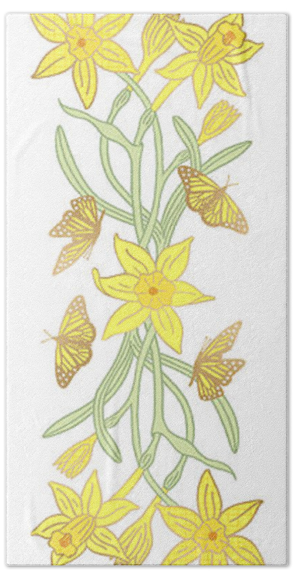 Horizontal Beach Towel featuring the painting Butterfly and Daffodil Horizontal Panel - Art by Jen Montgomery by Jen Montgomery