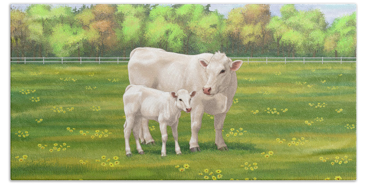 Cows Beach Towel featuring the digital art White Cream Charolais Cow and Cute Calf in Summer Pasture by Crista Forest