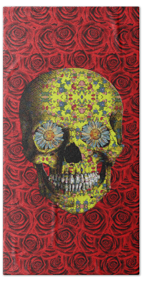 Flower Skull Beach Towel featuring the digital art Yellow Flower Skull on a Bed of Roses by Diego Taborda