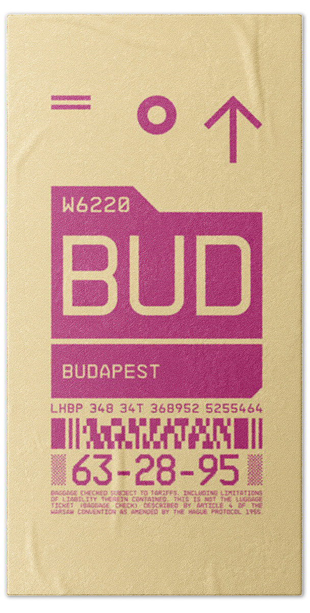 Airline Beach Towel featuring the digital art Luggage Tag C - BUD Budapest Hungary by Organic Synthesis