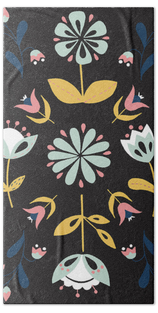 Folk Flowers Beach Towel featuring the digital art Folk Flower Pattern in Black and White by Ashley Lane