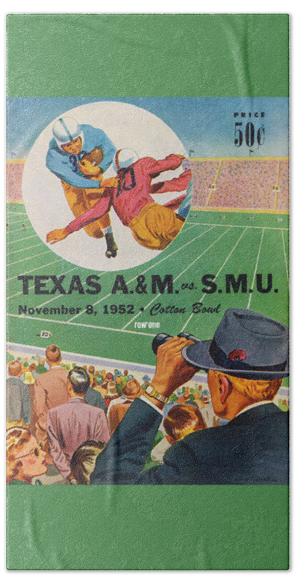 Smu Beach Towel featuring the mixed media 1952 Southern Methodist University Football Art by Row One Brand