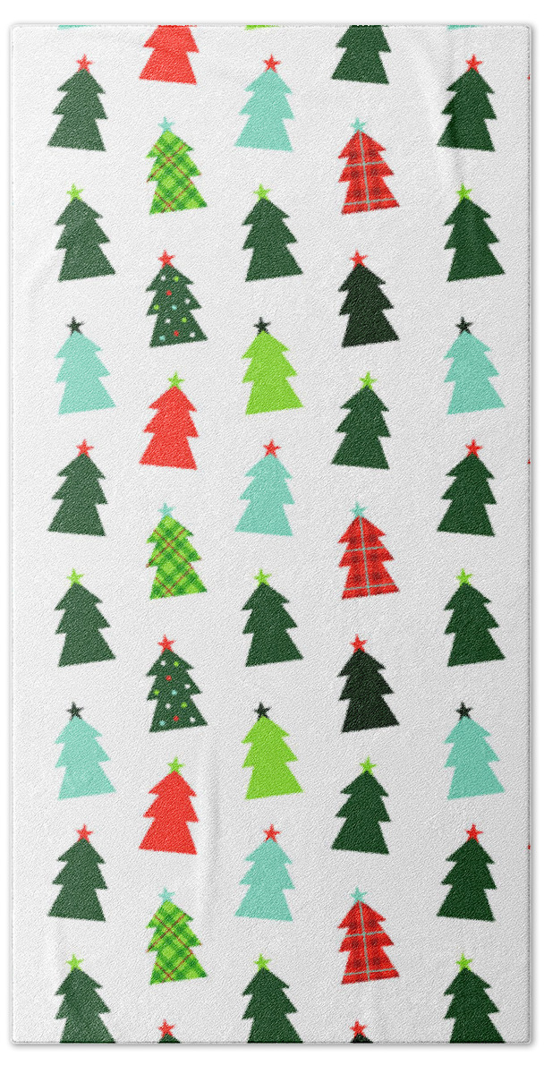 Tree Beach Towel featuring the painting Happy Christmas Tree Pattern on White by Jen Montgomery by Jen Montgomery