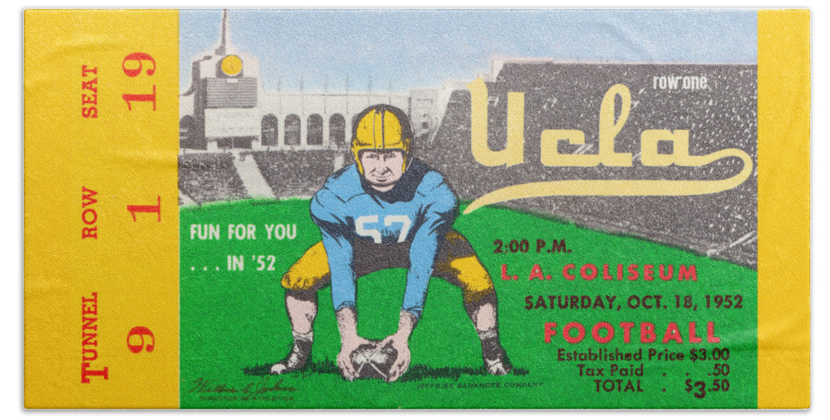 Ucla Beach Towel featuring the mixed media 1952 UCLA vs. Stanford by Row One Brand