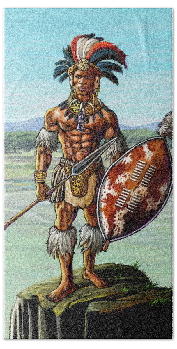 Shaka Beach Towel featuring the painting Warrior King Shaka Zulu by Anthony Mwangi