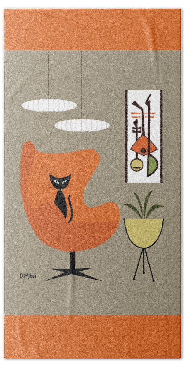 Cat Beach Towel featuring the digital art Black Cat in Orange Egg Chair by Donna Mibus