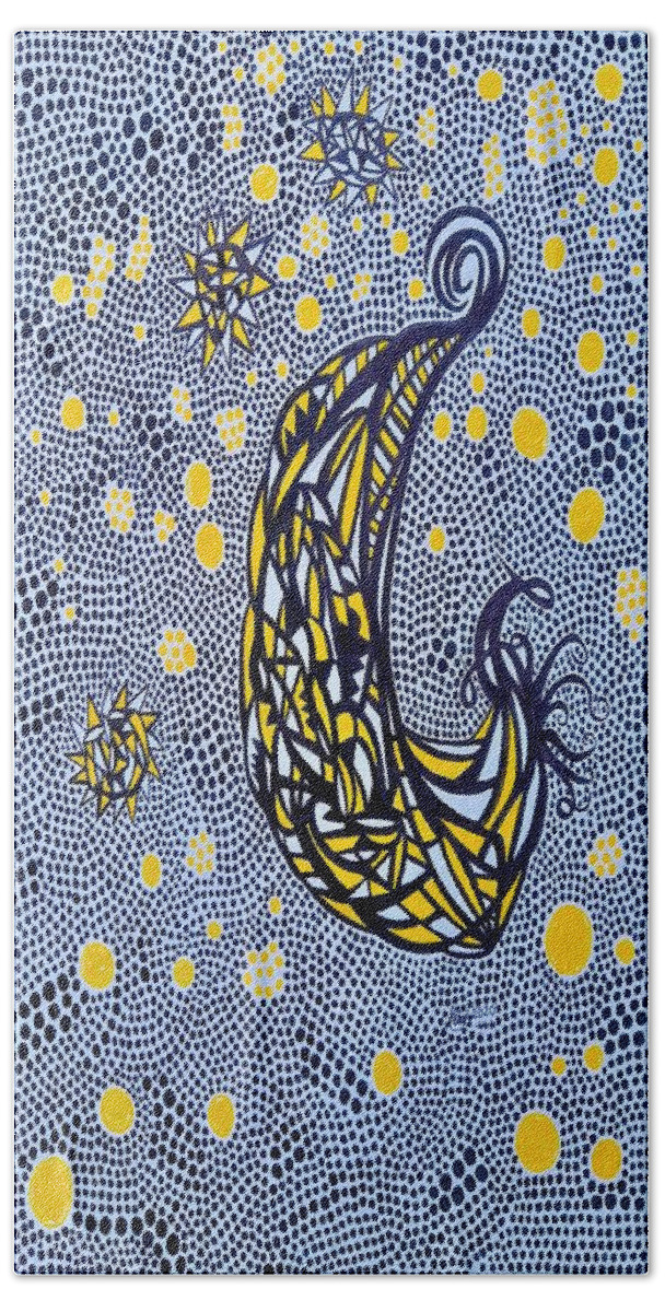 Moon Beach Towel featuring the drawing Funky Stars And Moon by Peter Johnstone