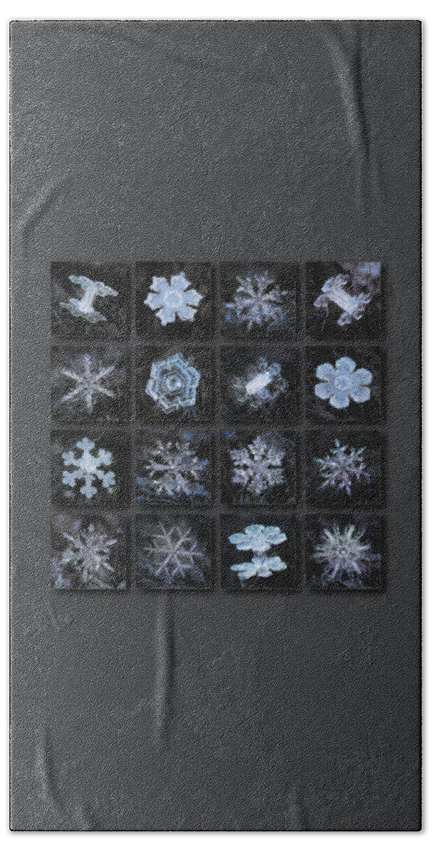 Snowflake Beach Sheet featuring the photograph Dark snowflake collage - winter 2020-21 by Alexey Kljatov