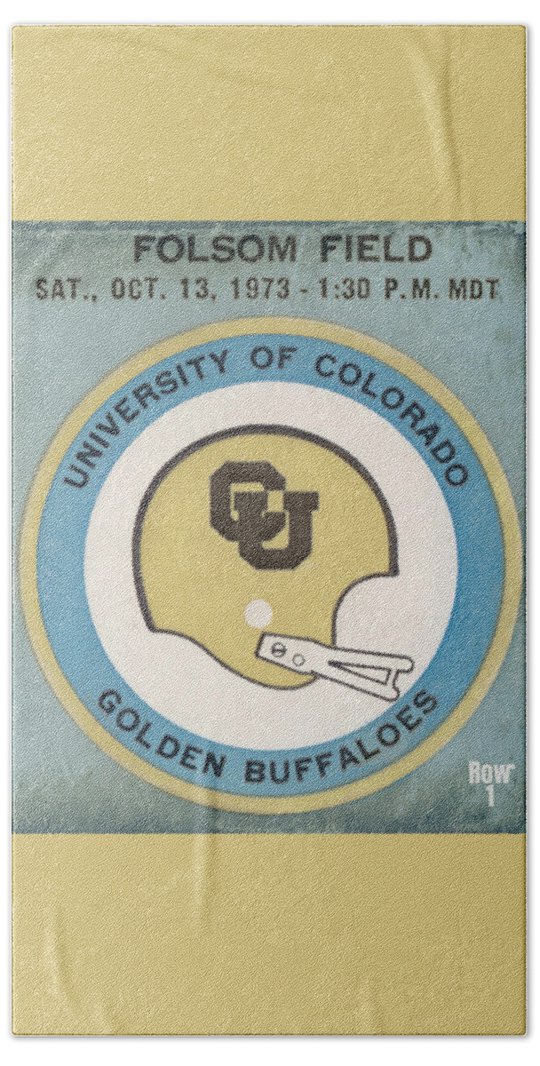 `973 Beach Towel featuring the mixed media 1973 Colorado Buffaloes Football Ticket Stub Art by Row One Brand