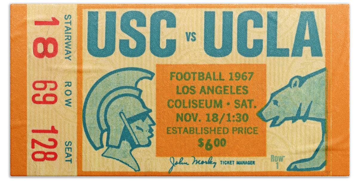 1967 Beach Towel featuring the mixed media 1967 USC vs. UCLA Game of the Century by Row One Brand