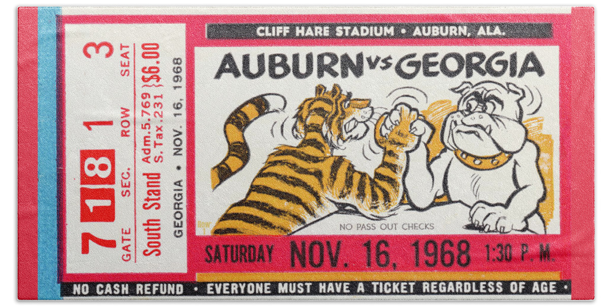 Ticket Beach Towel featuring the mixed media 1968 Auburn Tigers vs. Georgia Bulldogs by Row One Brand
