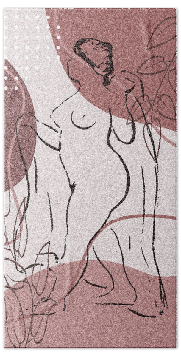 Drawing Beach Towel featuring the drawing Naked Woman Showing Her Breasts Sketchy Art Print, Vintage Nude Illustration. Standing Female Nude by Mounir Khalfouf