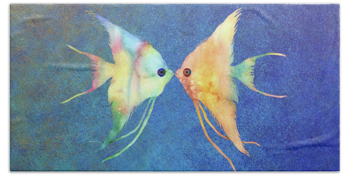 Fish Beach Sheet featuring the painting Angelfish Kissing on Blue by Hailey E Herrera