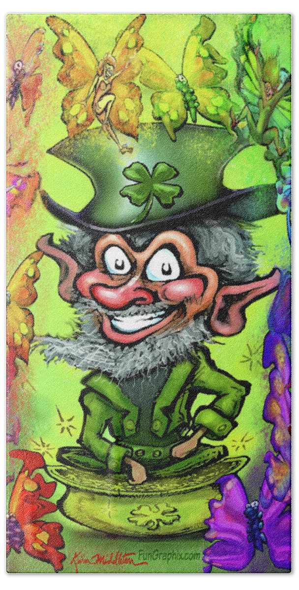 Leprechaun Beach Towel featuring the digital art Leprechaun with Rainbow of Pixies by Kevin Middleton