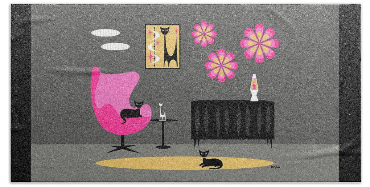 Mid Century Cat Beach Towel featuring the digital art Groovy Pink Yellow and Gray Room by Donna Mibus