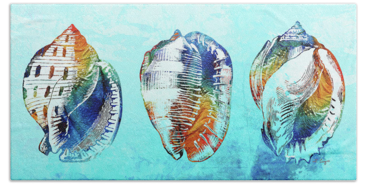 Shell Beach Sheet featuring the painting Colorful Seashells On Beach Blue by Sharon Cummings