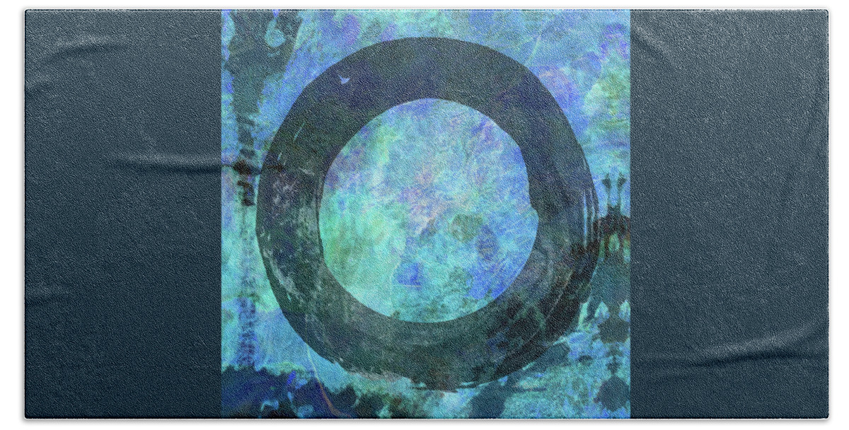 Enso Beach Sheet featuring the painting Dark Enso Art on Blue by Sharon Cummings